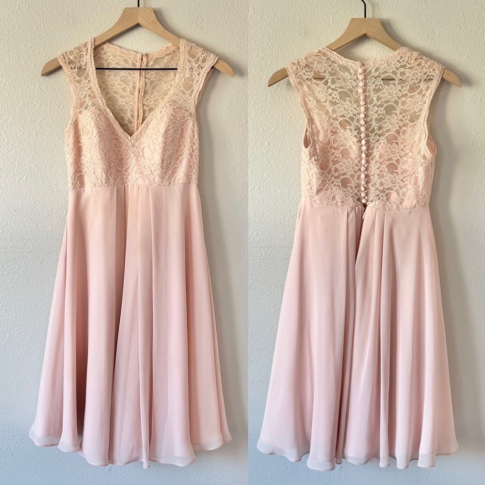 Mori Lee Blush Knee Length V Neck Lace Chiffon Sleeveless Bridesmaid Dress- Sz 6